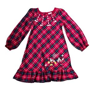Girls Disney Store Mickey/Minnie Ice Skating Long Sleeve Plaid Nightgown Sz 5/6